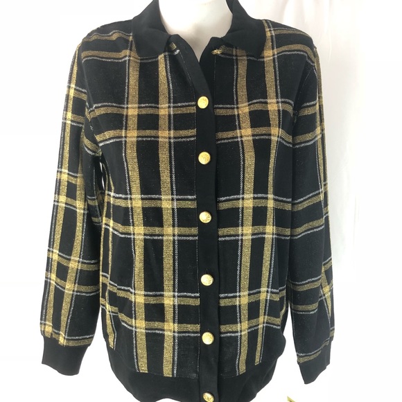 Ecco Petites Cardigan Black With Gold Large Plaid - Picture 2 of 6